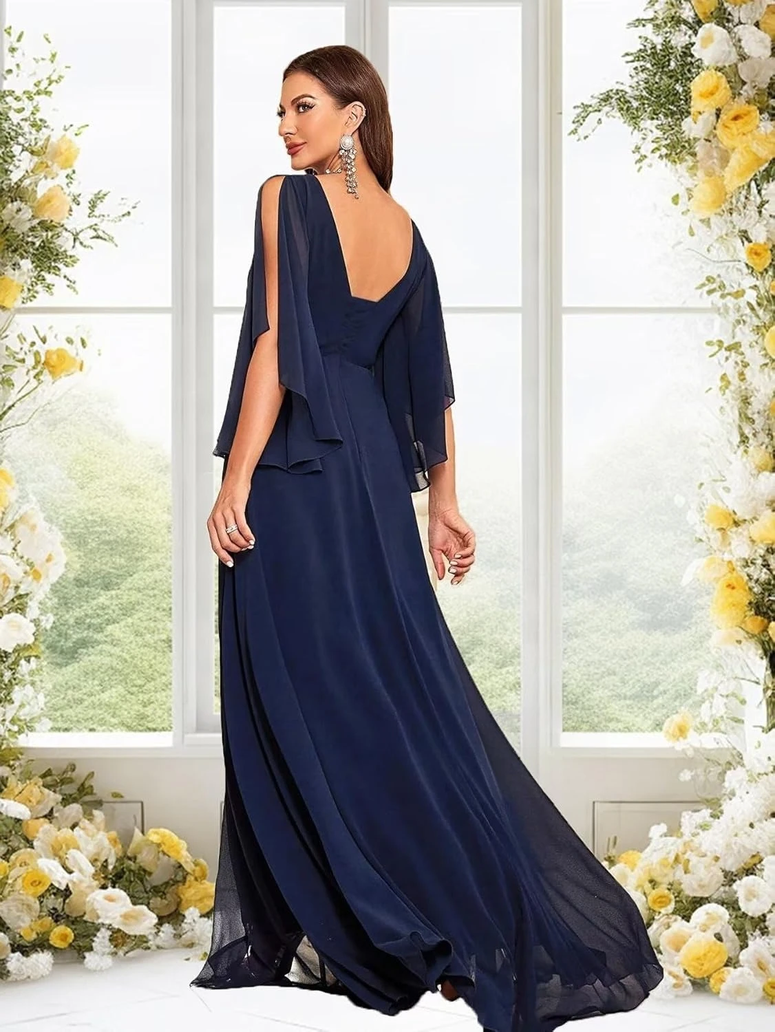 Brautjungfernkleider mit tiefem V-Ausschnitt und Rüschenärmeln, Schlitz, gerüscht, Chiffon, Maxi, formelles Abendkleid, formelles Kleid für Damen, elegant