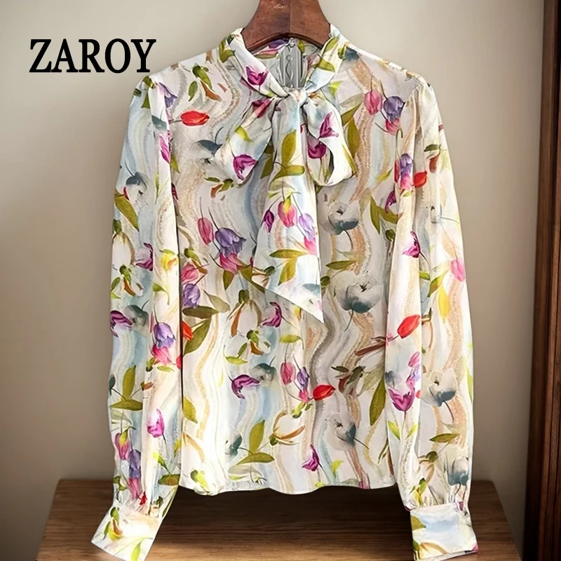 

ZAROY Elegant Bow-tie Chiffon Shirt Woman Clothing Flower Print Long Sleeve Buttoned Blouses Office Lady Tops Fashion Streetwear
