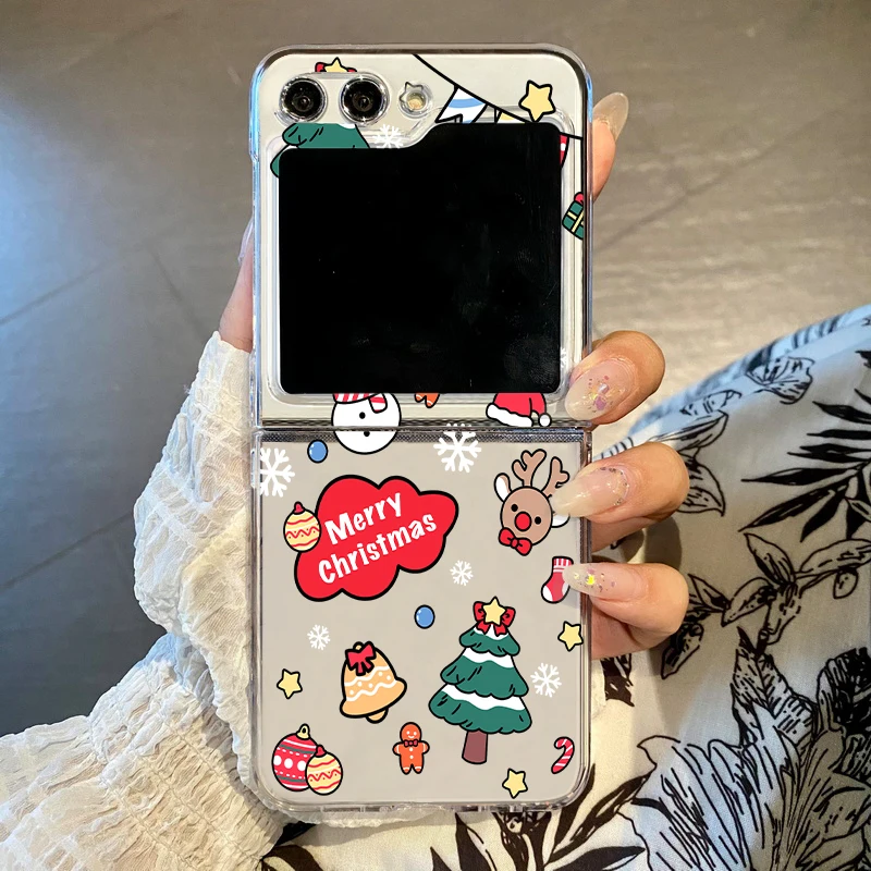 Merry Christmas Cartoon Pattern Clear Phone Case For Samsung Galaxy Z Flip 7 6 5 4 3 5G Folding Hard PC Cover For Samsung ZFlip6