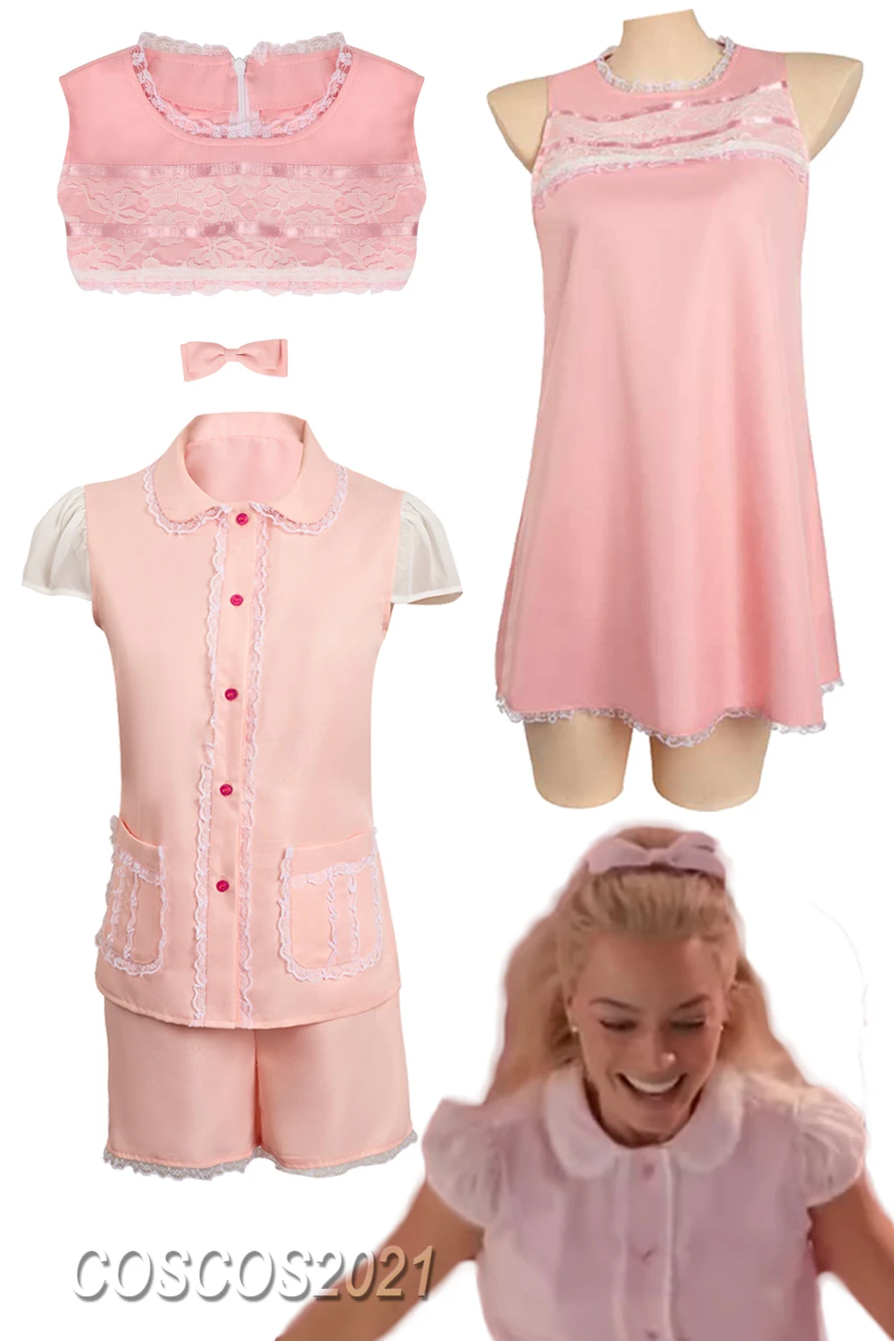 Margot Cosplay Role Play Kawaii Pink Pajamas Dress 2023 Movie Barbei Costume Fantasy Home Clothes Sleepwear Top Shorts Suits