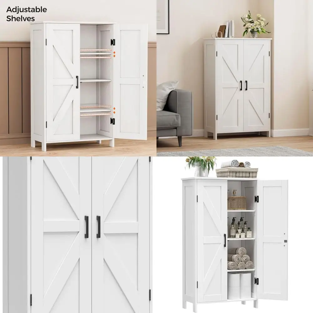 

Белый отдельно стоящий шкаф для ванной комнаты в стиле фермерского дома с регулируемыми полками и дверцами сарая для кухни, гостиной и столовой.