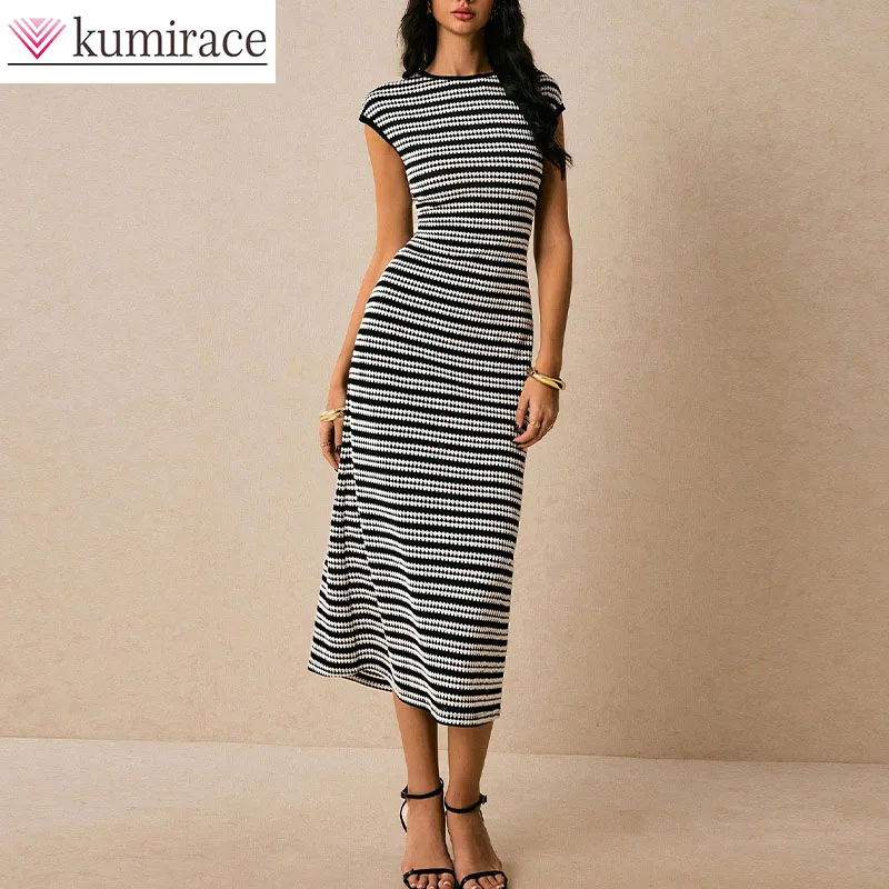 French Striped Knitted Dress 2026 Summer Slim Fit Temperament One-step Skirt Mid Long Women's Dress Y2k Clothes