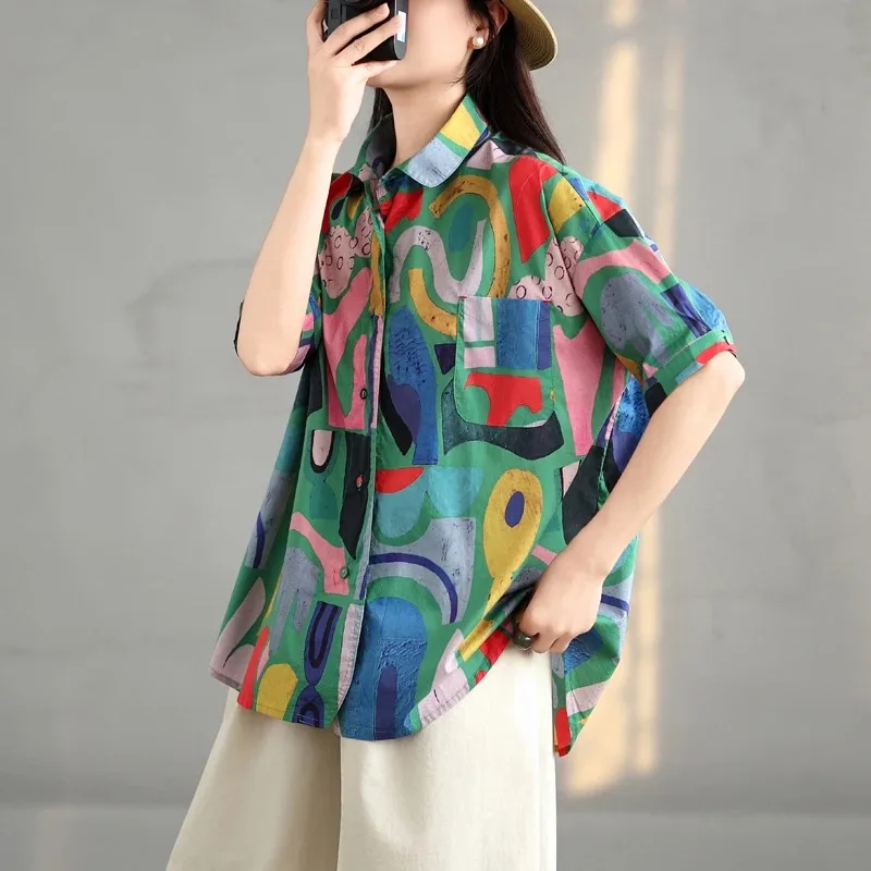

Korean Abstract Print Shirt Women Oversized Single Breasted Short Sleeve Casual Summer Blouse