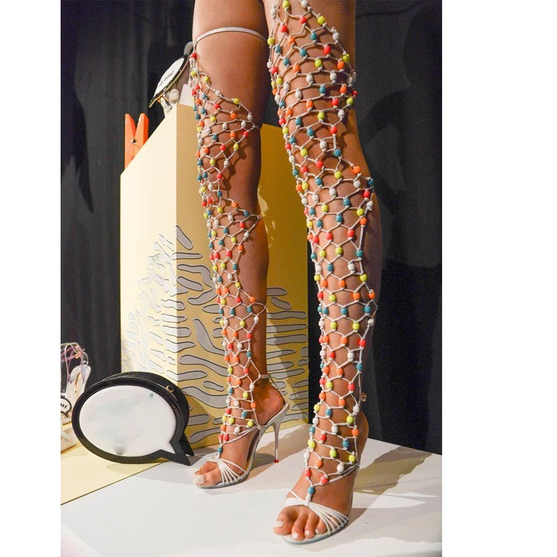 

Sexy Colorful Beaded Mesh Thigh High Stiletto Sandals Woman Summer 2026 Open Toe Hollowing Out High Heel Shoes Fashion Pumps