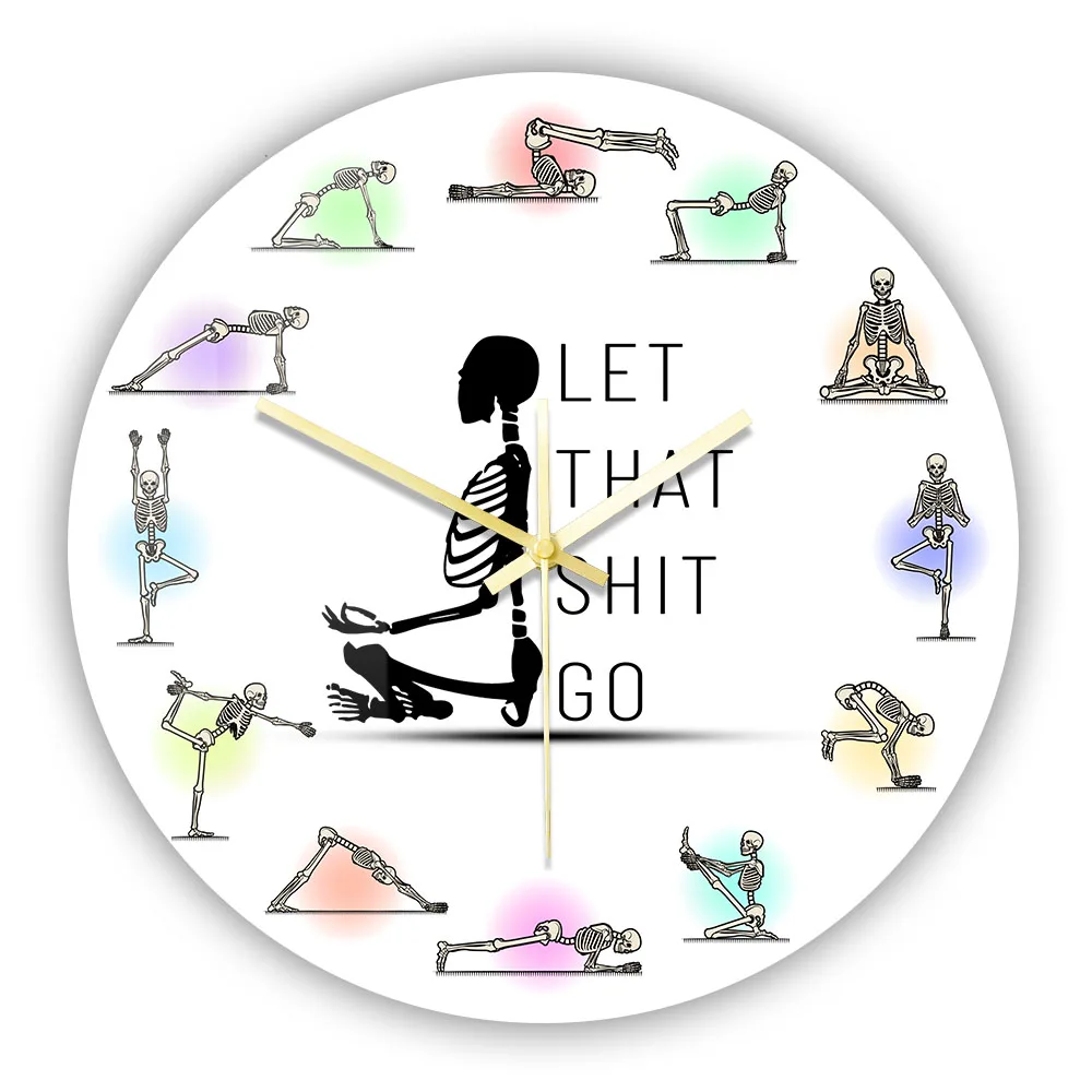 

Yoga Skull Wall Clock Let That Shit Go Mediation Yogi Home Decor Buddha Zen Art Halloween Skeleton Exercise Silent Wall Clock