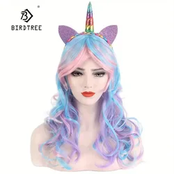 24-calowa falista, wielokolorowa peruka syntetyczna dla kobiet - motyw Sassy Unicorn z bezklejową różową czapką, Cosplay Halloween J47801S