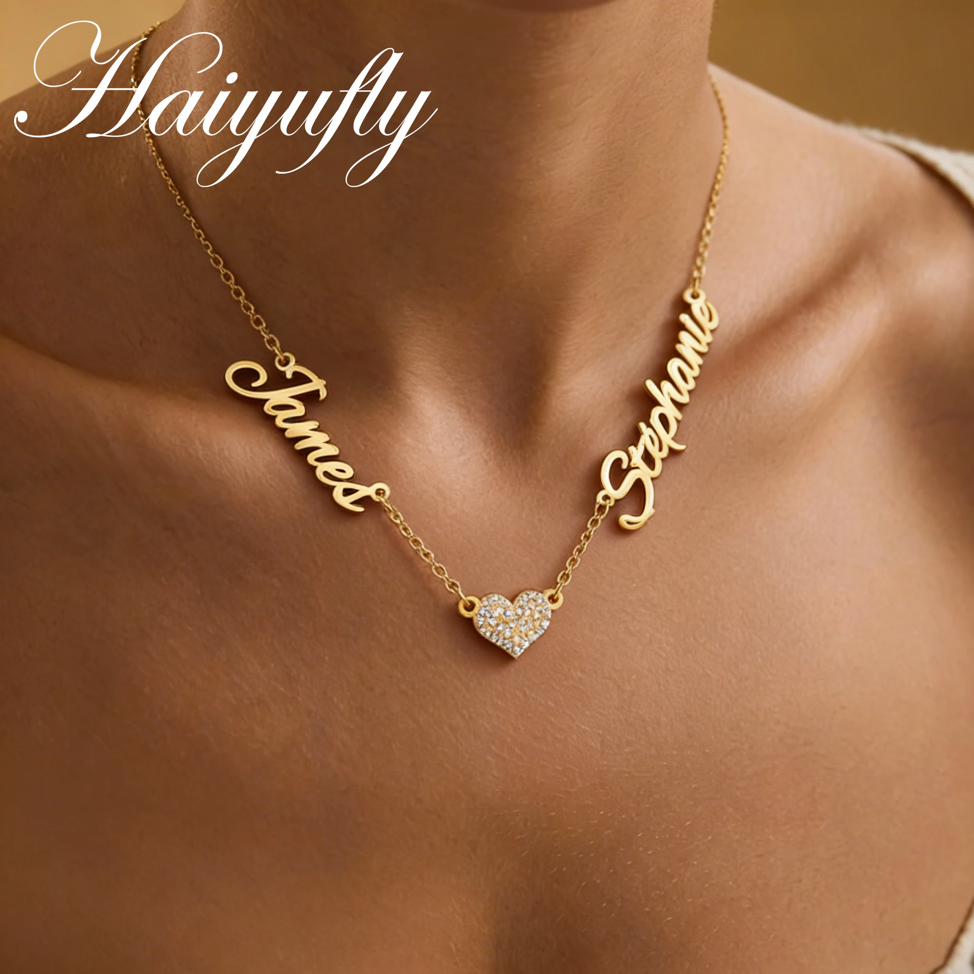

Ожерелье Haiyufly с несколькими именами на заказ для женщин, ювелирные изделия из нержавеющей стали, циркониевое колье-чокер в форме сердца, персонализированный подарок на день рождения