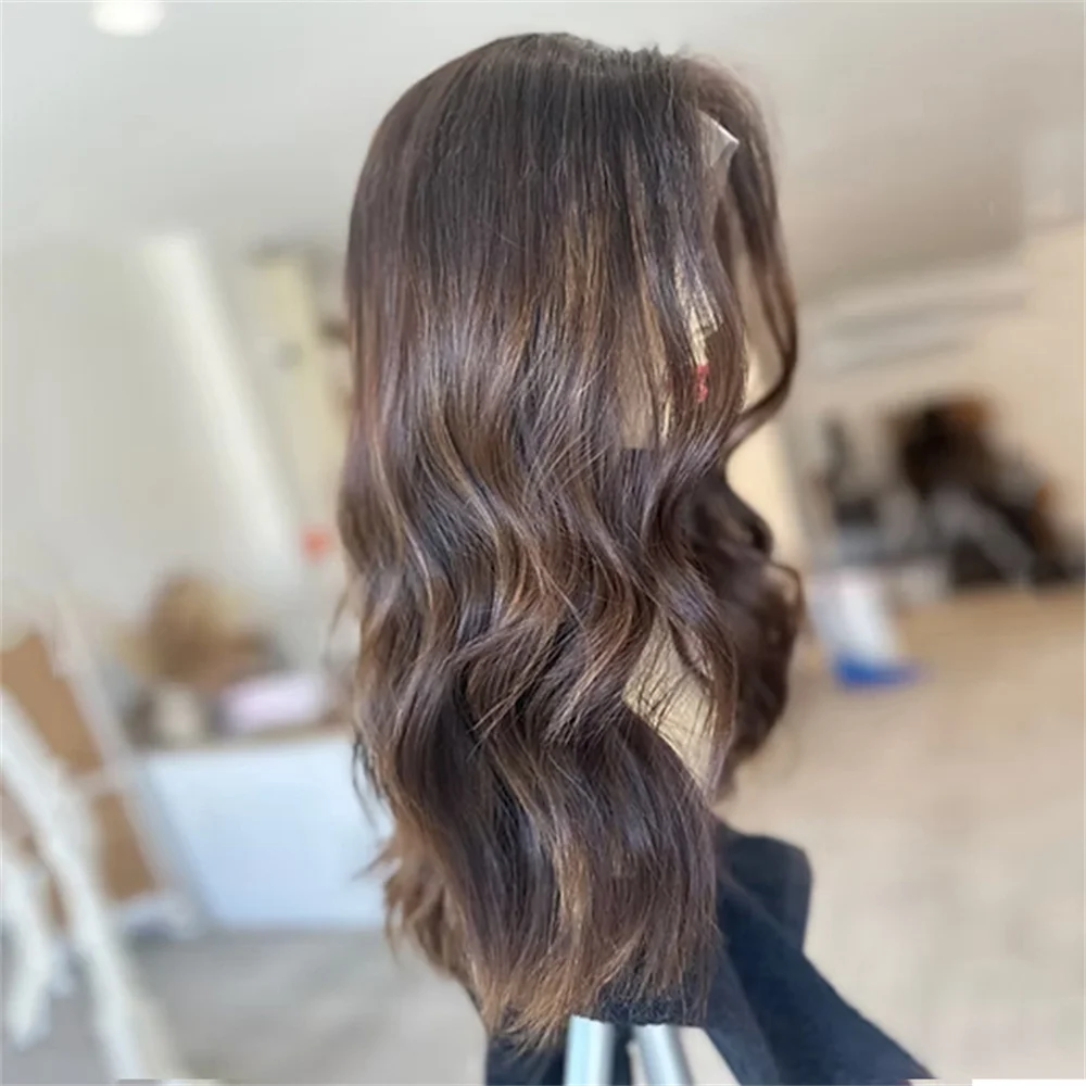 

Premium Fiber Brunette Synthetic Wig Chocolate Brown Highlights HD Lace Front Wig Long Wave 13x4 Glueless Cap for Women Wear&Go