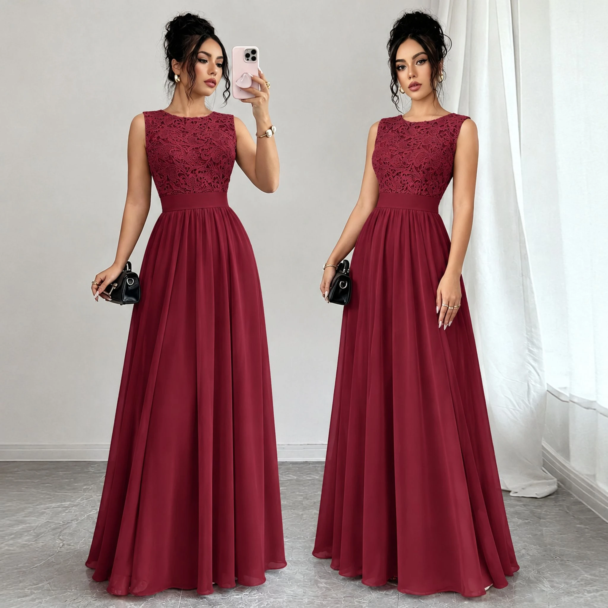 Classic Burgundy Women Bridesmaid Dresses Elegant Lace Chiffon A Line Illusion Back Maxi Formal Wedding Gust Gown Formal Evening