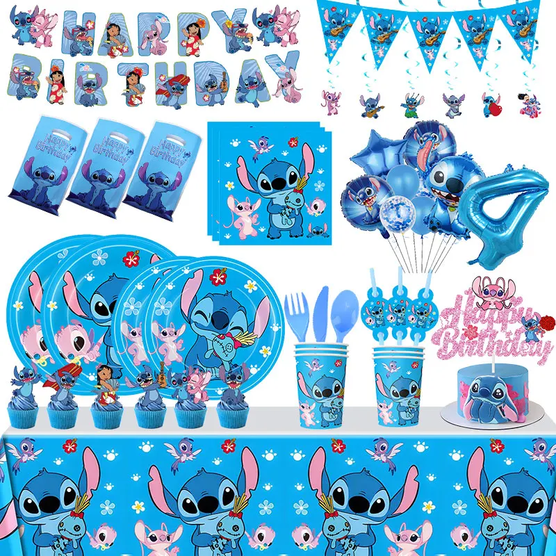 Disney Stitch Birthday Party Decoration Tableware Balloon Cup Plate Banner Backdrop Lilo And Stitch Theme Party Supplies Favors