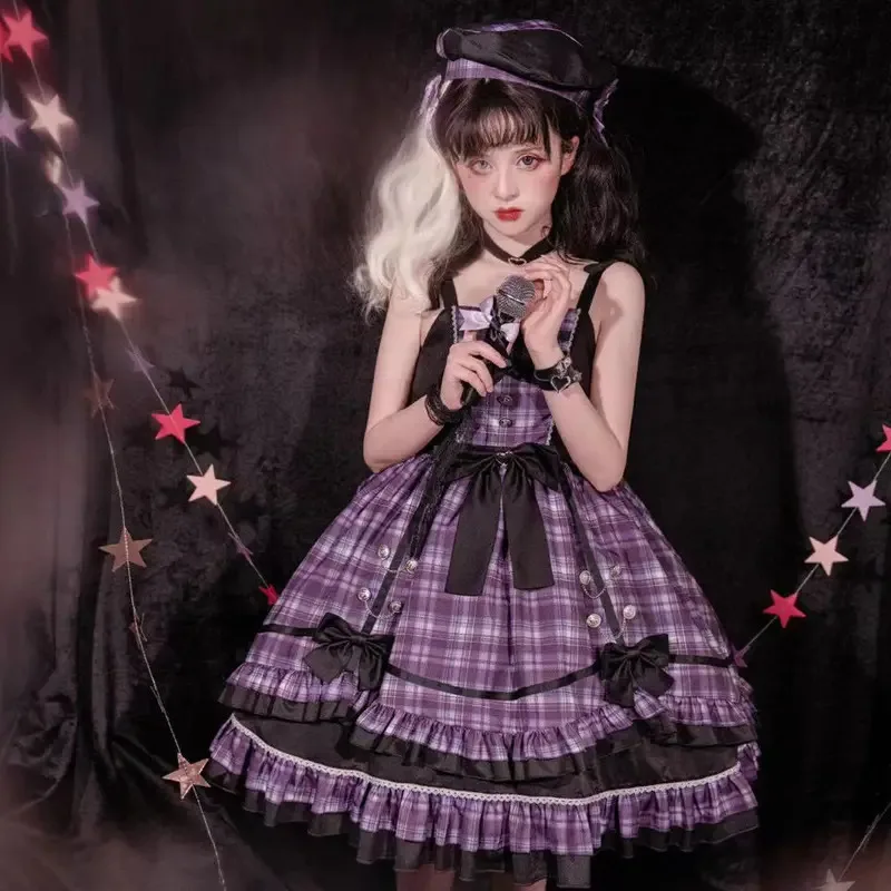 

ss23[Star Charm]Summer Purple Checker Singing Gown Daily Sweet Lolita Dress JSK Cool Girl Gothic Vestido Manga Larga