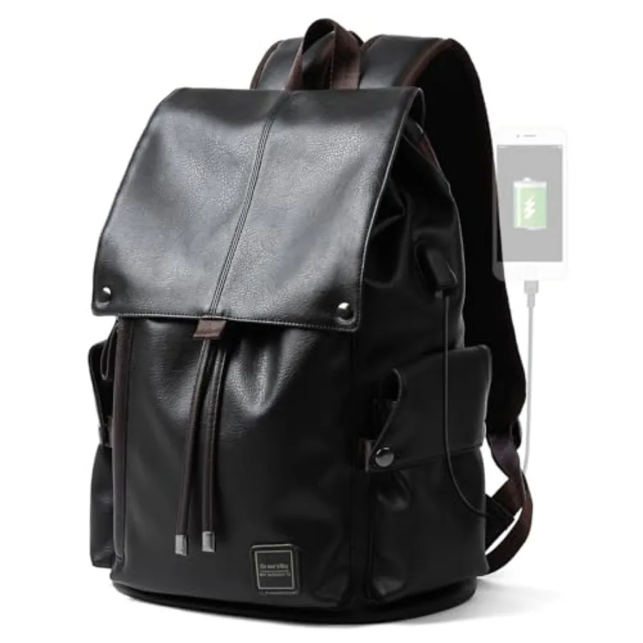 

Laptop Travel Backpack For Men Vintage PU Leather Water-Resistant College School Casual 15.6" Laptop Work Backpack Gift For Mal