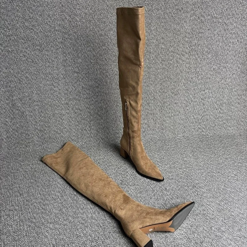 

2025 NEW High Heels Women High Boots Pointed Toe Suede Over The Knee Fashion Winter Pumps Chunky Designer Boot