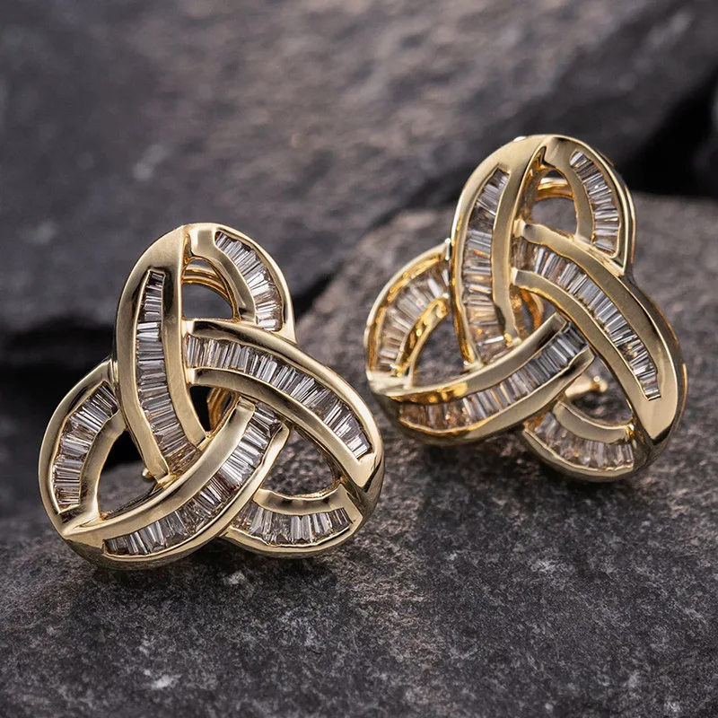 2026 New Geometric Triangular Knot Earrings Gold Set Ladder Square Zircon Light Luxury Versatile Charm Jewelry Accessories