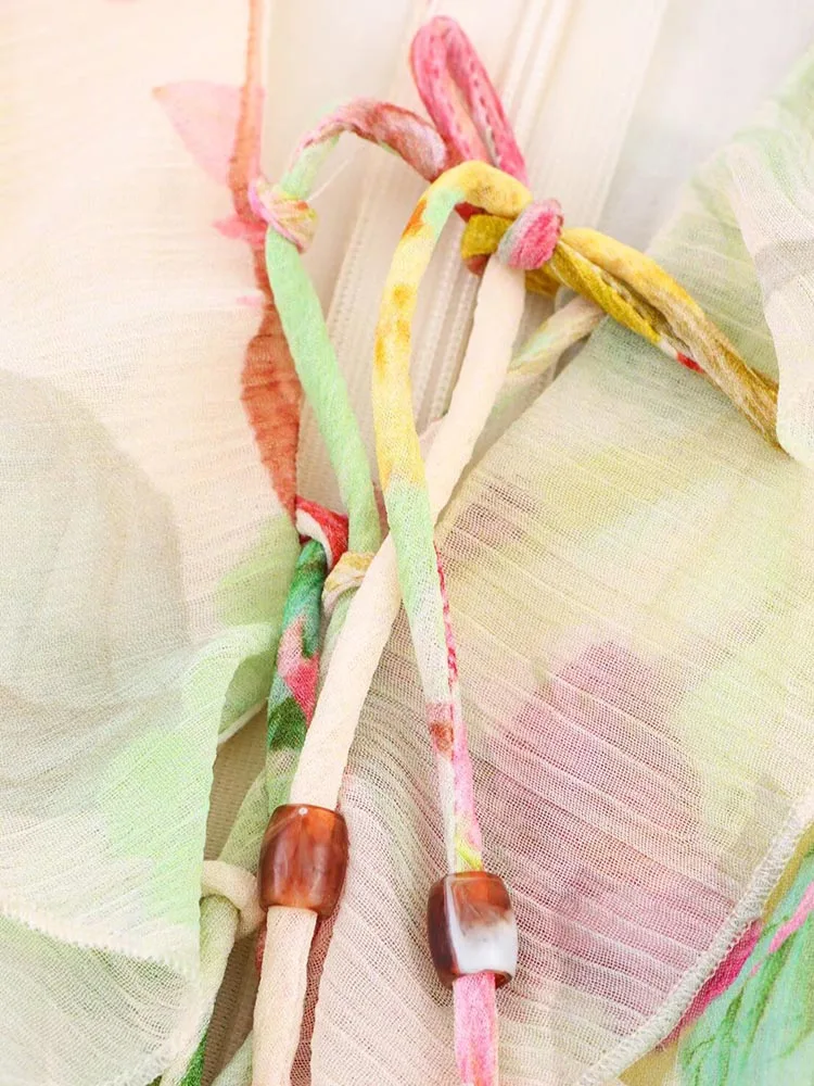 2025 Women Summer MIDI Tank Dress Fashion V-Neck Ruffles Hollow Out Chiffon Female Elegant Street Thin Dresses Clothing