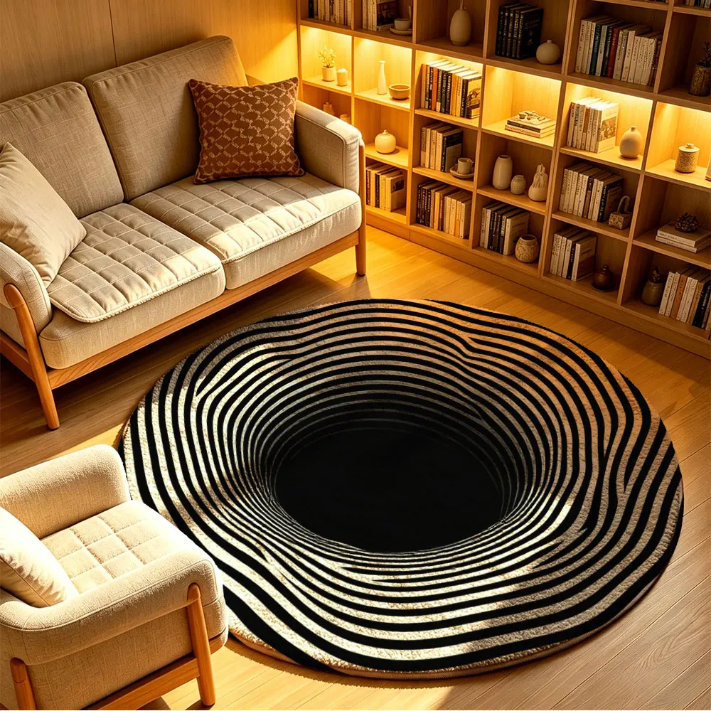 1pc Black White Spiral Vertigo Visual Round Floor Mat Washable Optical Illusion Circular Rug For Living Room Bedside Sofa Tre