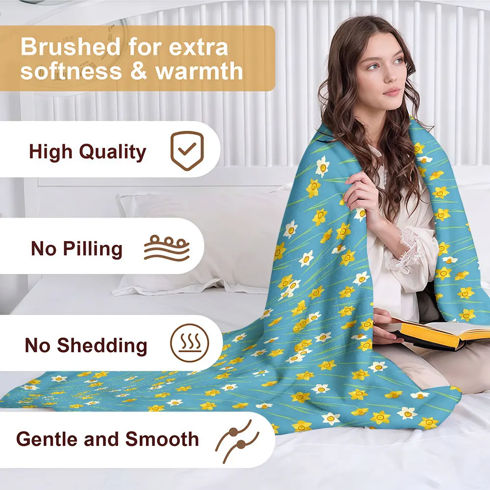 Blue Daffodil Print Soft Warm Flannel Blanket Lightweight Cozy Christmas Halloween Home Decor Room