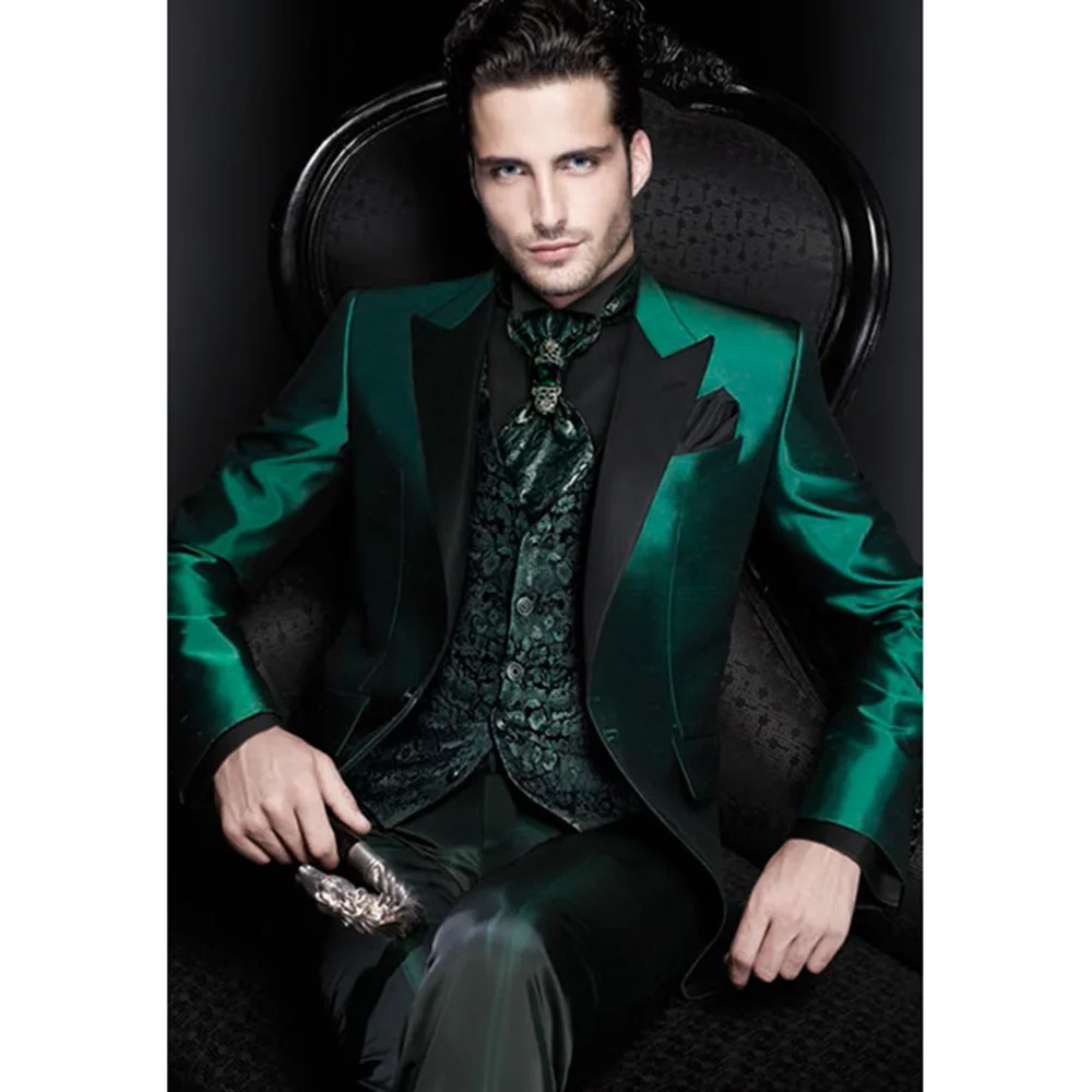 

2025 Latest Design Italian Green Men Suits Satin Slim Fit Formal Groom Prom Dress Tuxedos Male 3 Pieces Set Jacket+Pants+Vest