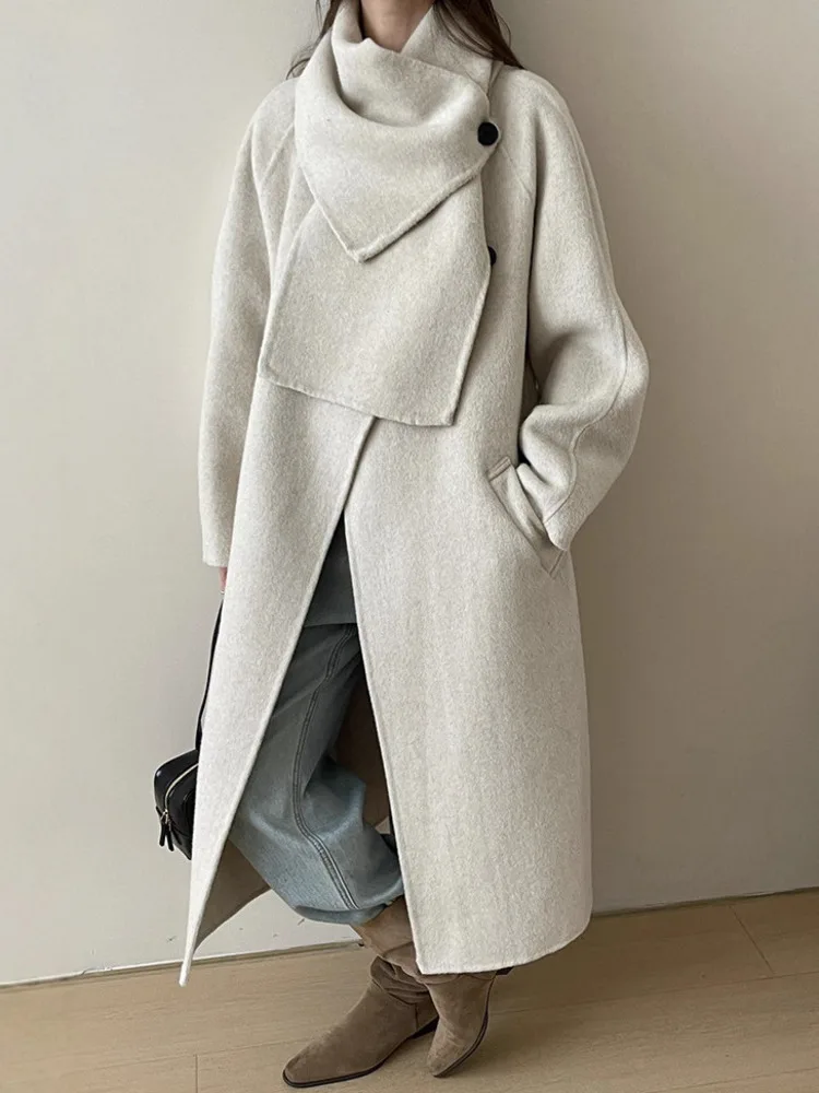 ZMEENNA スタイリッシュなレディースネクタイベルトウールブレンドラップコートロングスカーフ襟特大フィット暖かい冬のアウター ZM3657