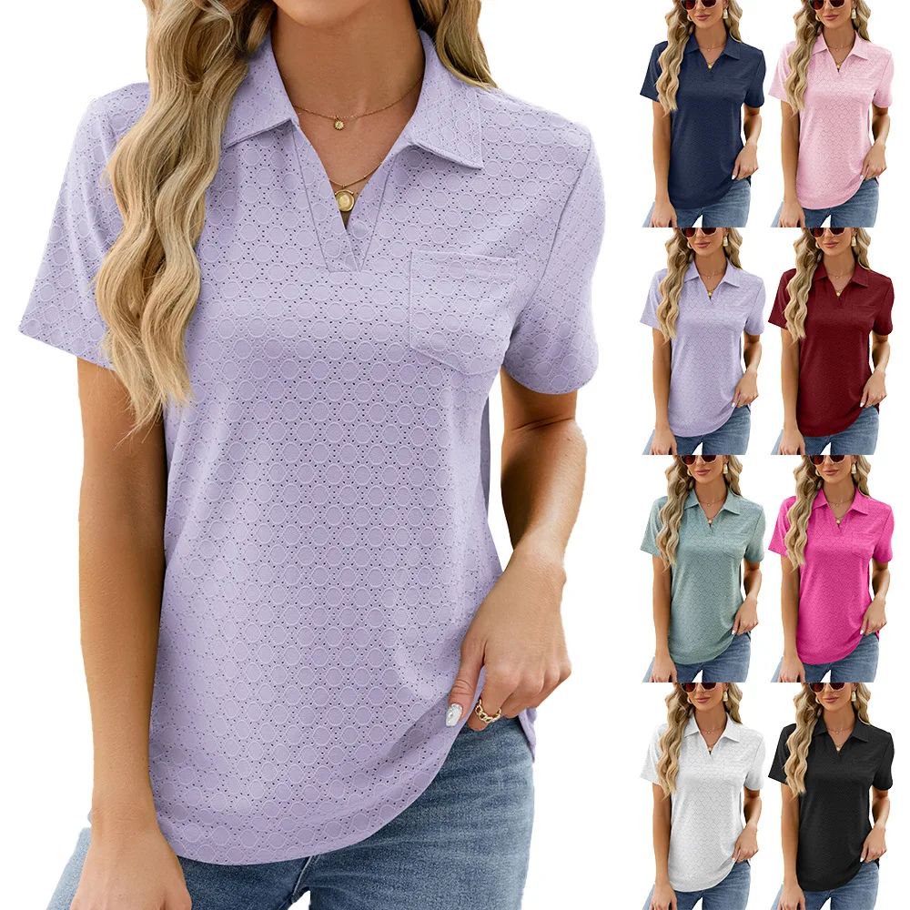 

T-shirt women's loose top women's 2024 spring and summer new solid color polo collar pocket short sleeve t-shirt