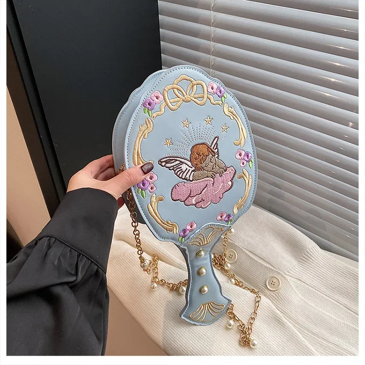 الإبداعية مرآة تصميم حقيبة كروسبودي للنساء اللؤلؤ سلاسل حقيبة كتف مضحك لطيف الملاك التطريز المحافظ الإناث الصغيرة 2025