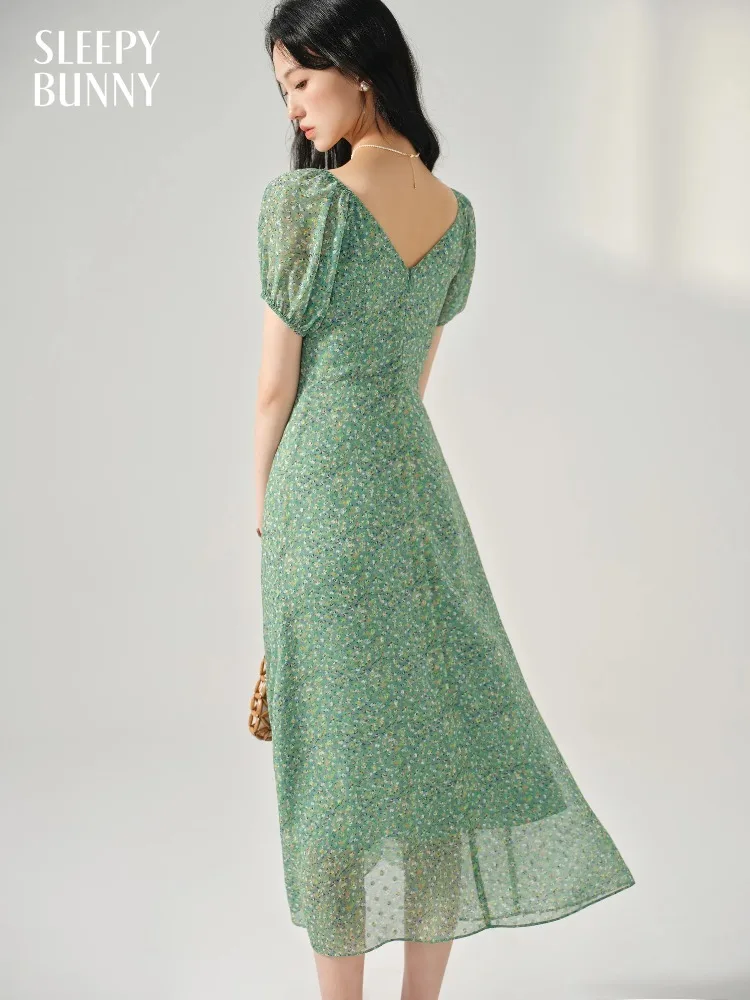 

Floral Chiffon Tea Dress Women French V Neck Short Sleeve Long Dress Summer Lightweight A-Line Dress Vacation or Daily Outfits