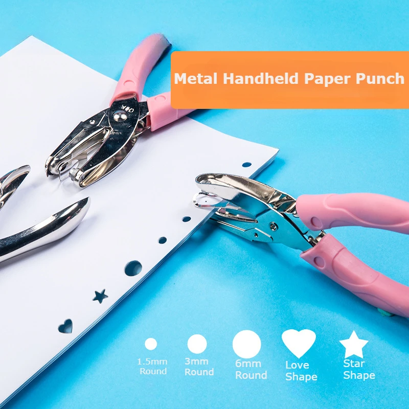 1PC Cute Metal Handheld Paper Punch Scrapbooking Clothes Single Hole Punches Star Heart Circle Hole DIY Craft Shape Cutter