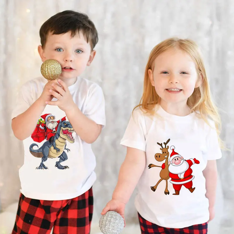 New Children's Christmas T-shirt Cartoon Santa Claus Dinosaur Print Casual Short-sleeved T-shirt Class Activity Clothes