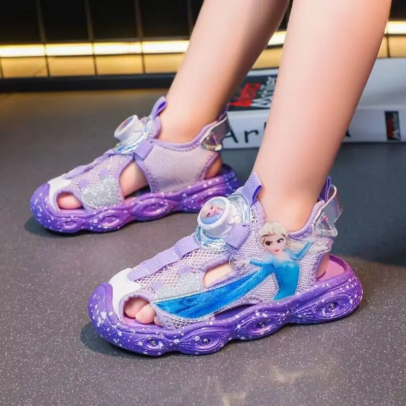 

Disney cartoon sandals for girls Summer new Elsa Princess Shoes kids led luminous slippers Sports rotating button shoes