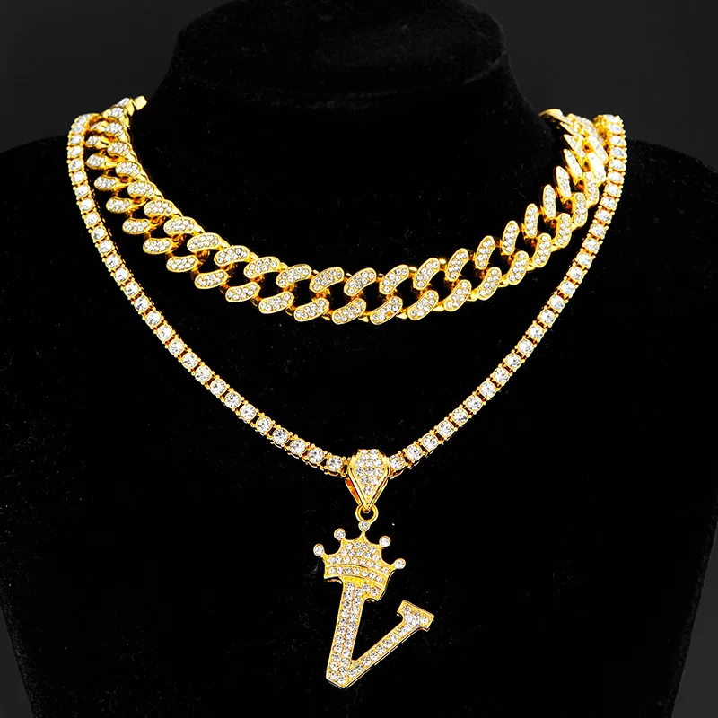 

13mm AAA rhinestone zinc alloy pvd plated 3 pcs set Letter crown pendants tennis necklace hip hop iced out cuban link chain