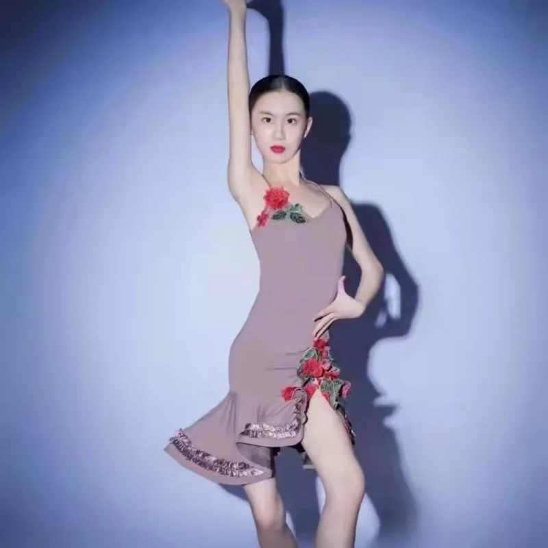 여아 프리미엄 라틴 댄스복 자수 장미 어린이 대회 의상 공연복 신상품