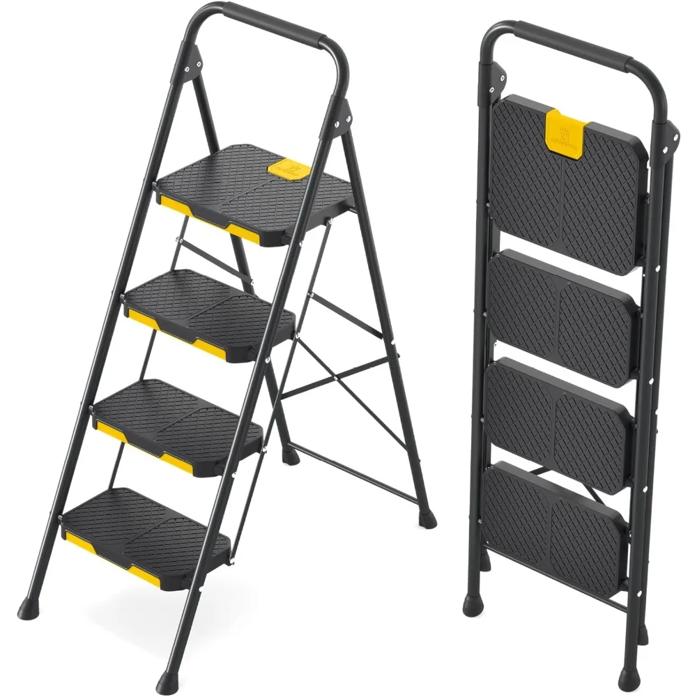 

4 Step Ladder, Sturdy Steel Step Stool with Safe-Lock Design, Handrail, Anti-Slip Wide Pedals, Pass 800lbs Load Testing
