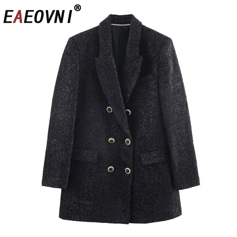 EAEOVNI automne hiver femmes costume manteau mode col cranté à manches longues or Double bouton Blazer veste tempérament vêtements