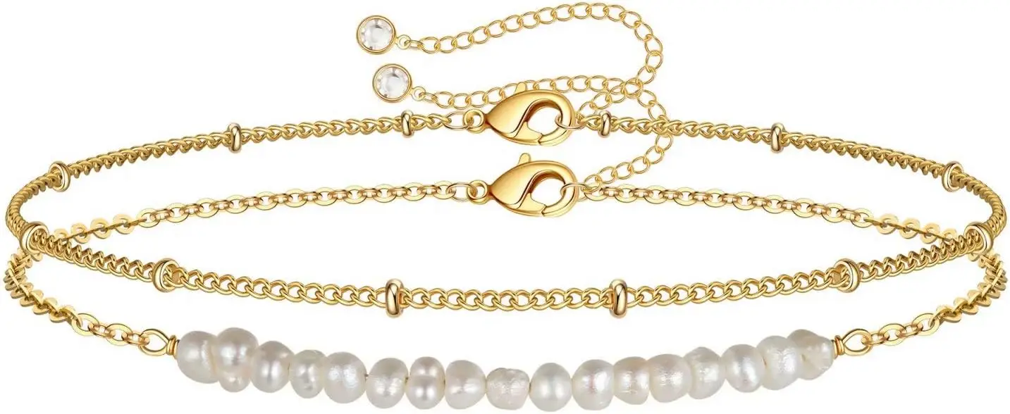 Pulseras Delicadas de Oro para Mujer, Chapadas en Oro de 14K, Ajustables, con Cuentas en Capas, Bonitas, con Ojo Turco Ovalado