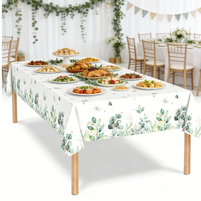 1Pc Rectangular Tablecloth White Green Eucalyptus Leaf Print Table Cover For Wedding Party Banquet Dining Decoration