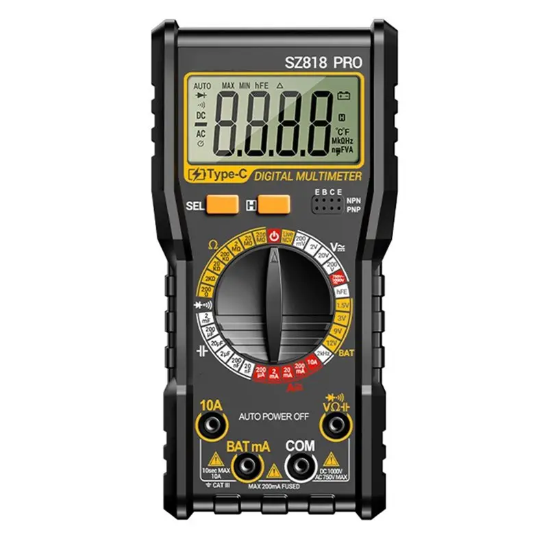 SZ818 PRO Digital Multimeter Type-C Charging AC/DC Resistance Capacitor Frequency Detection Electrical Universal Meter