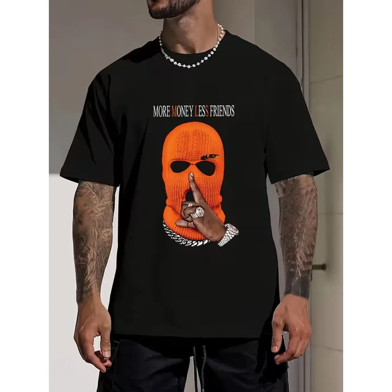 Mens Printed Crew Neck T Shirt with Hooded Boy Graphic