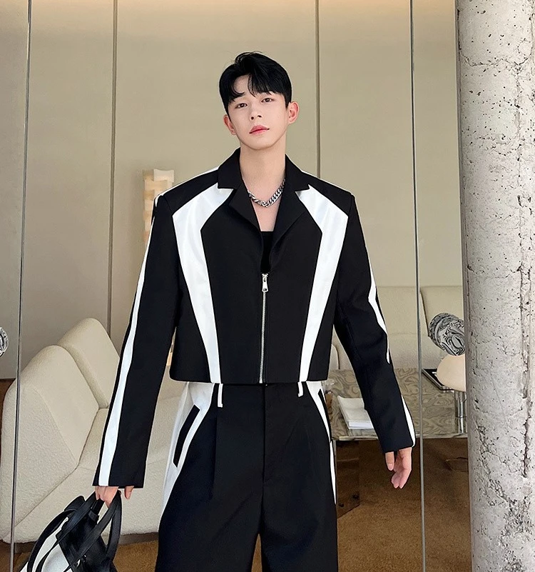 

Autumn New Arrival Men's Wide Leg Suit Set Color Blo Bright Surface Paint Leather Bla And White Splicing Contrast Color