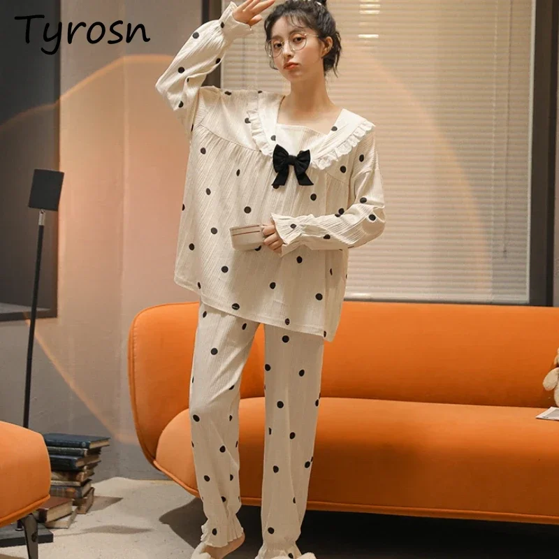 

Женские пижамные комплекты в японском стиле: домашняя одежда с квадратным воротником для студентов, весенняя, повседневная, в горошек, 2 предмета, с эластичной резинкой на талии