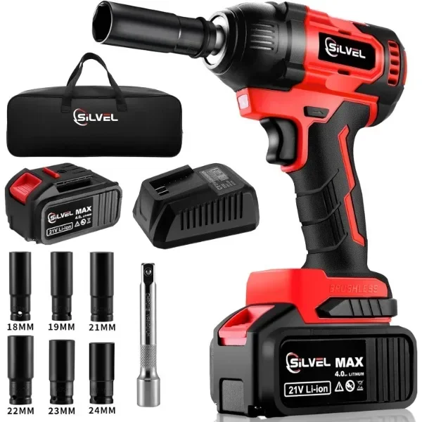 SILVEL Impact Wrench, Cordless Impact Wrench 1/2 inch, Brushless 1/2 Inch Impact Gun, 370 Ft-lbs Max Torque(500N.m), 21V Li-ion