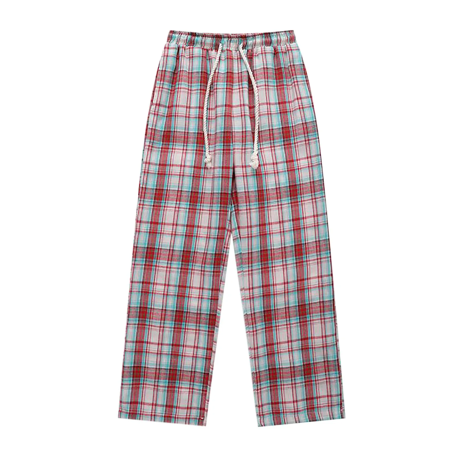 Colorful Vintage Drawstring Wide Leg Pants Men Checked Loose Fit Unisex Slacks Athletic Wear Elastic Waist Home Trousers