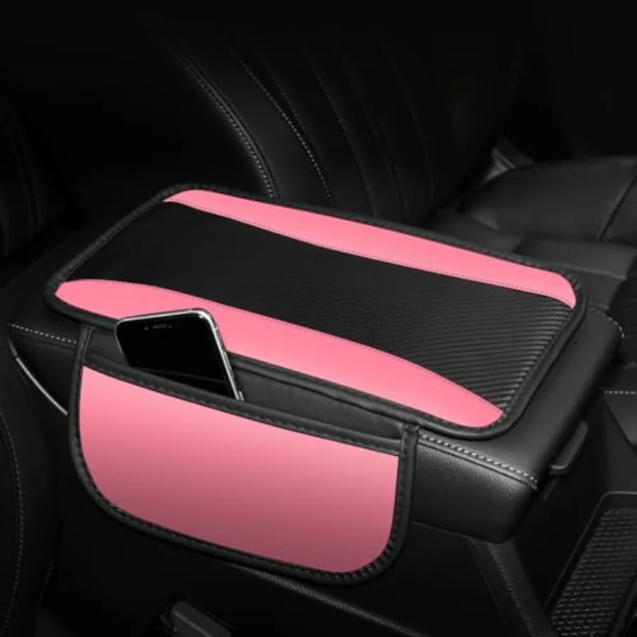 

Car Center Console Cover with Side Storage Pockets, Patchwork Leather Armrest Pad with Carbon Fiber Texture, Non-Slip Auto Armr