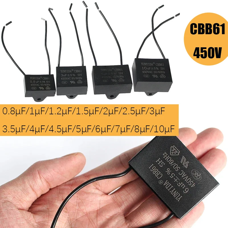 1/5PCS CBB61 Capacitors 450V Fan Starting Capacitors 0.8-10UF Run Capacitors CBB for Fan Motors Electrical Equipment