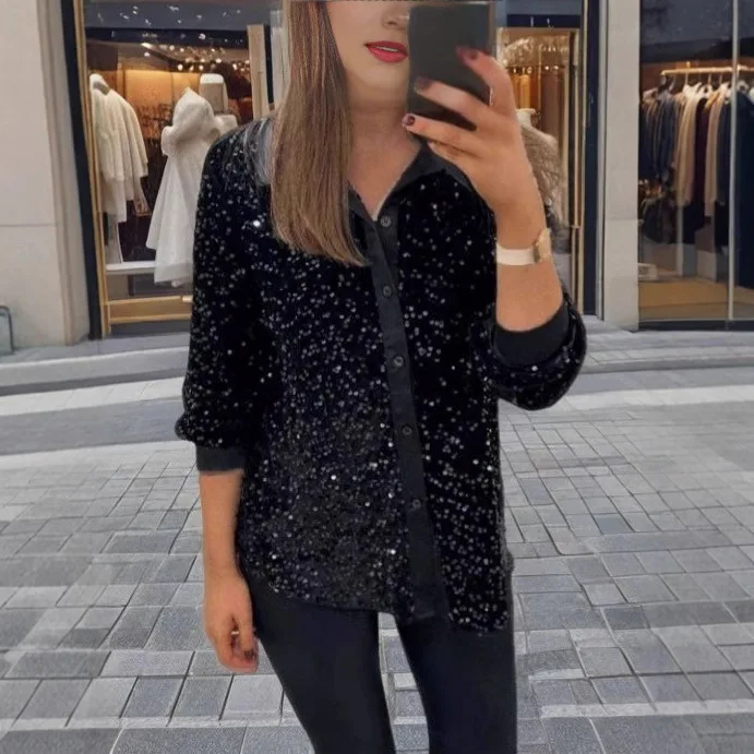 2022 Winter Neue Mode Stehkragen Taste Pailletten Hemd frauen Top