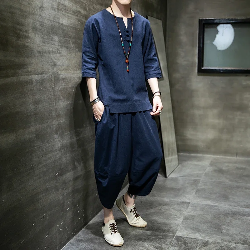 

Japanese Style Two Piece T-shirt Pants Male Men Suits Kimono Short Sleeved Japan Harajuku Yukata Cardigan Costume Tops Trousers