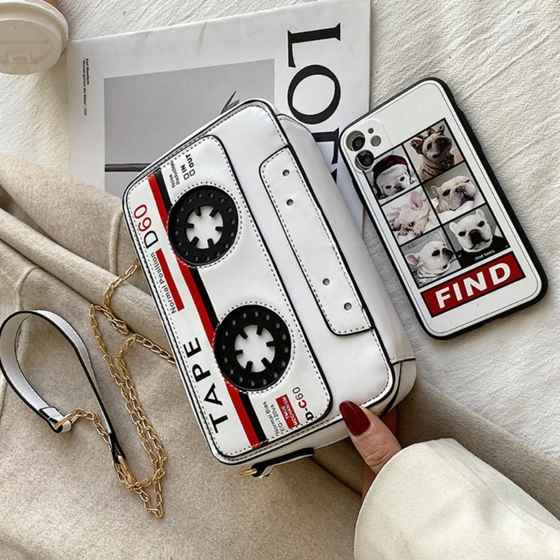 Retro Tape Shaped Shoulder Bag Women PU Leather Cassette Crossbody Phone Pouch Lady Casual Travel Chain Shopping Handbag Tote