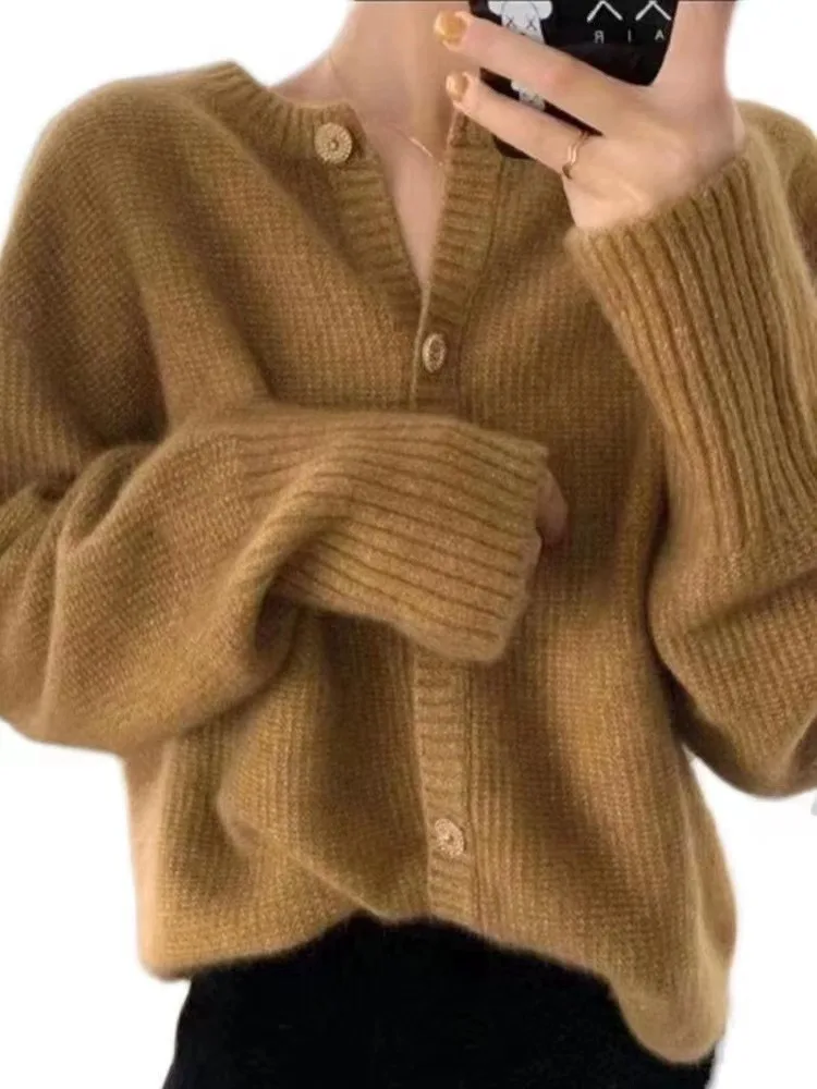 Autumn winter round neck 100% cashmere sweater long sleeve knitted cardigan ladies loose solid color wool knitted sweater top