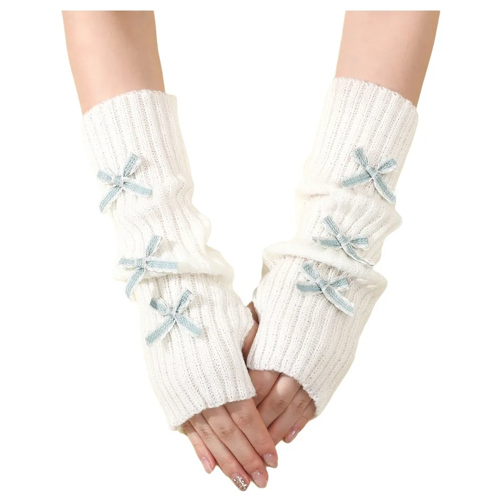 Fashion Thicken Bow Arm Warmers Long Knit Soft Knitted Y2K Fingerless Gloves Sweet Bowknot Sleeve Cover Autumn