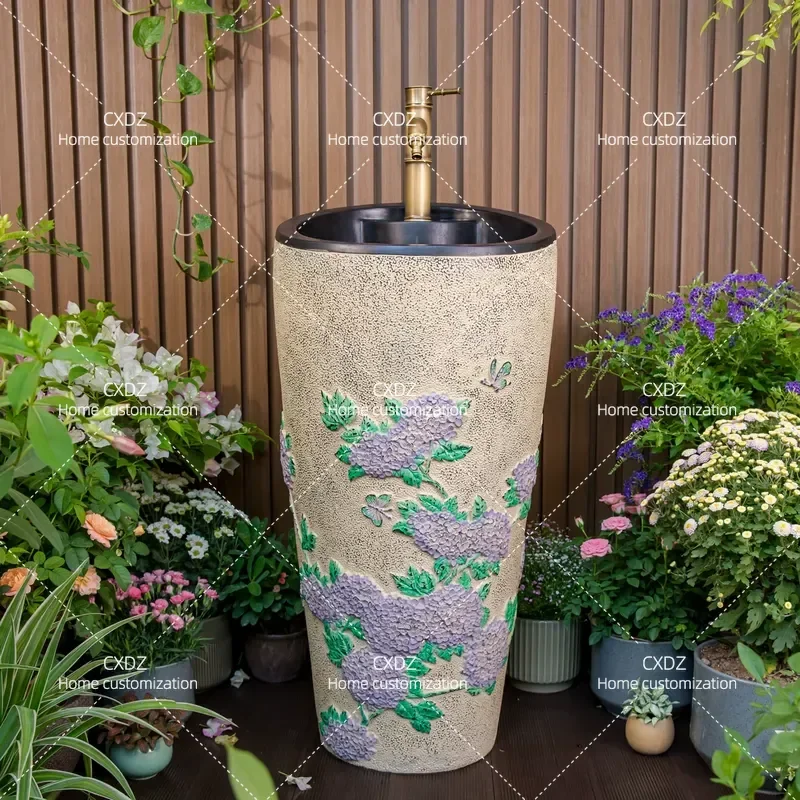 Outdoor Column Wash Basin Integrated Floor Standing Sink Imitation Stone Pedestal Basin for Courtyard Terrace Garden Bathroom