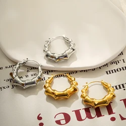 Punk Big Circle Round Stainless Steel Chunky Hoop Earrings 18K Gold Plated Geometric Bamboo Joint Huggie Ear Buckle Aros Bijoux